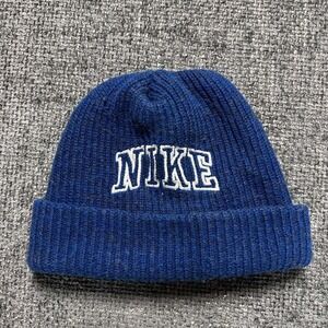 Nike Spellout Beanie Unisex OS Blue Vintage 90s Ribbed Knit Wool Blend Hat